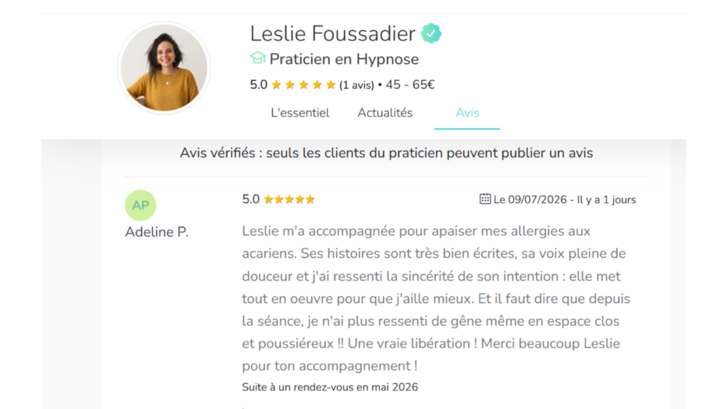 Avis cliente hypnose allergie acariens